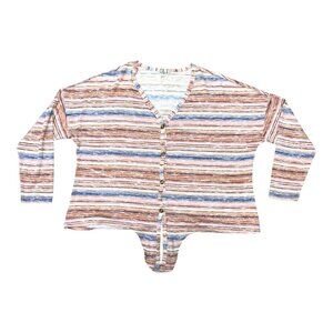 One World XL Striped Button-Up Tie Waist Crop Sweater Top Multicolor Knit Womens